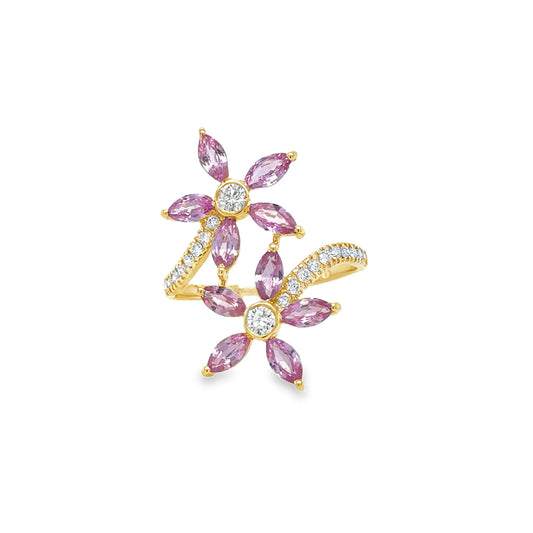 14KT YELLOW GOLD PINK SAPPHIRE AND DIAMOND RING