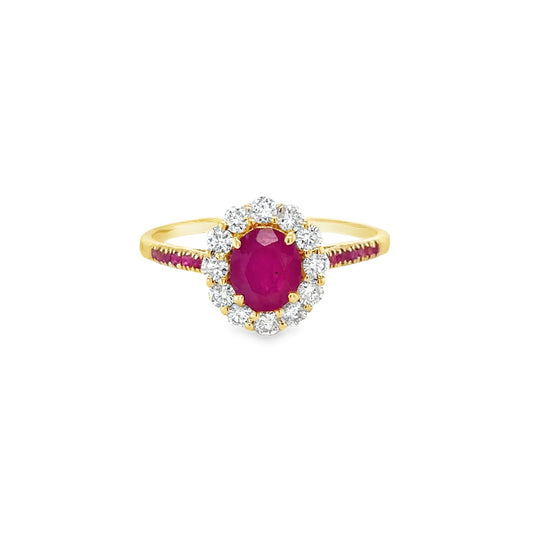 14KT YELLOW GOLD RING WITH RUBY AND DIAMONDS