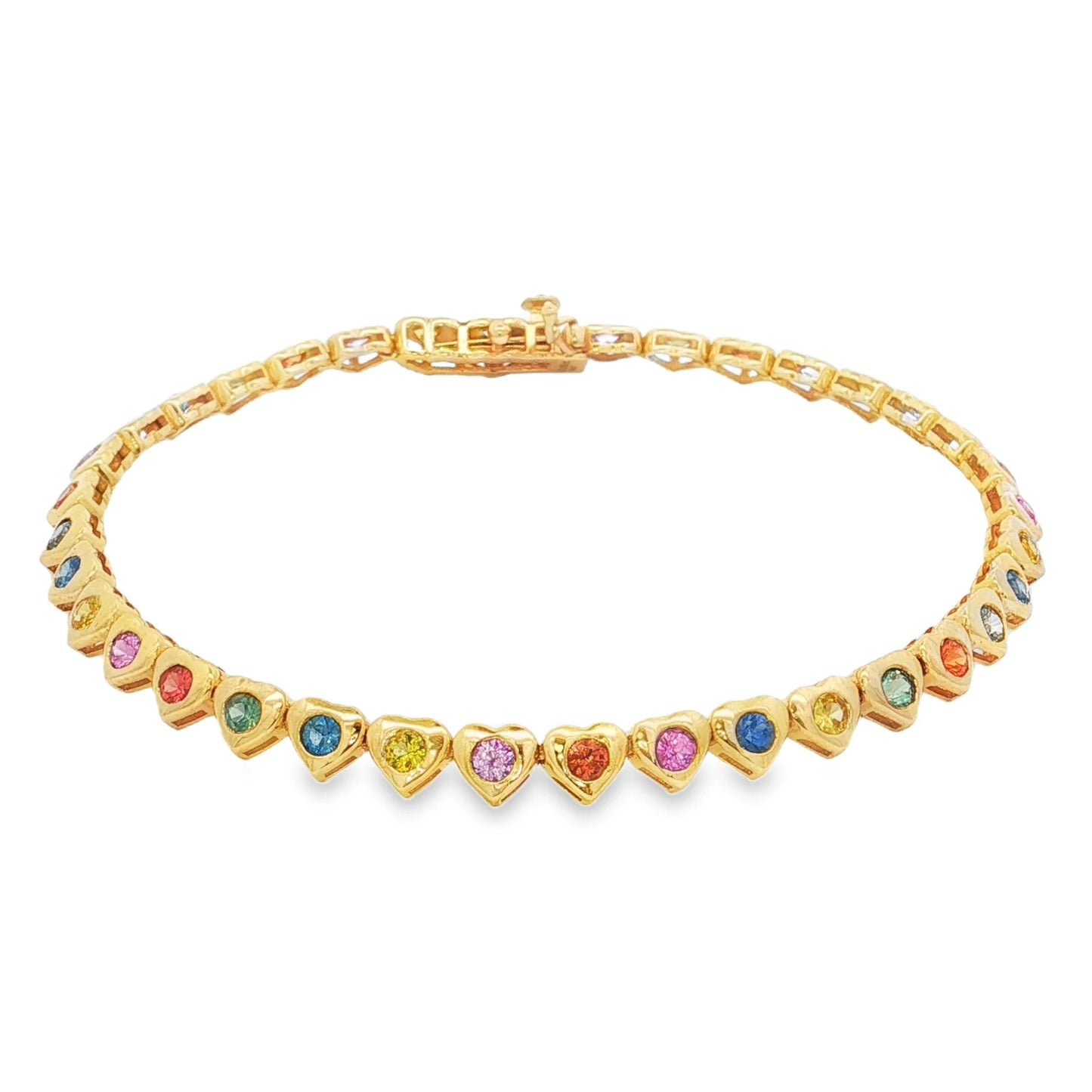 14KT YELLOW GOLD CIRCLE SHAPE BEZEL SET MULTI SAPPHIRE HEART BRACELET