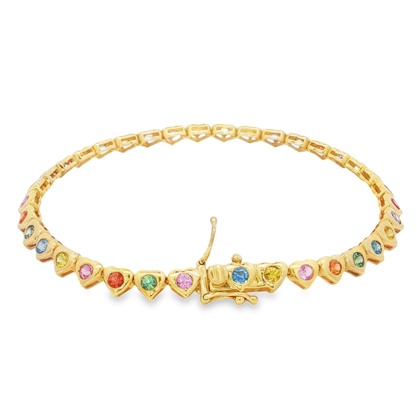 14KT YELLOW GOLD CIRCLE SHAPE BEZEL SET MULTI SAPPHIRE HEART BRACELET