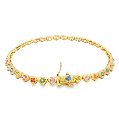 14KT YELLOW GOLD CIRCLE SHAPE BEZEL SET MULTI SAPPHIRE HEART BRACELET