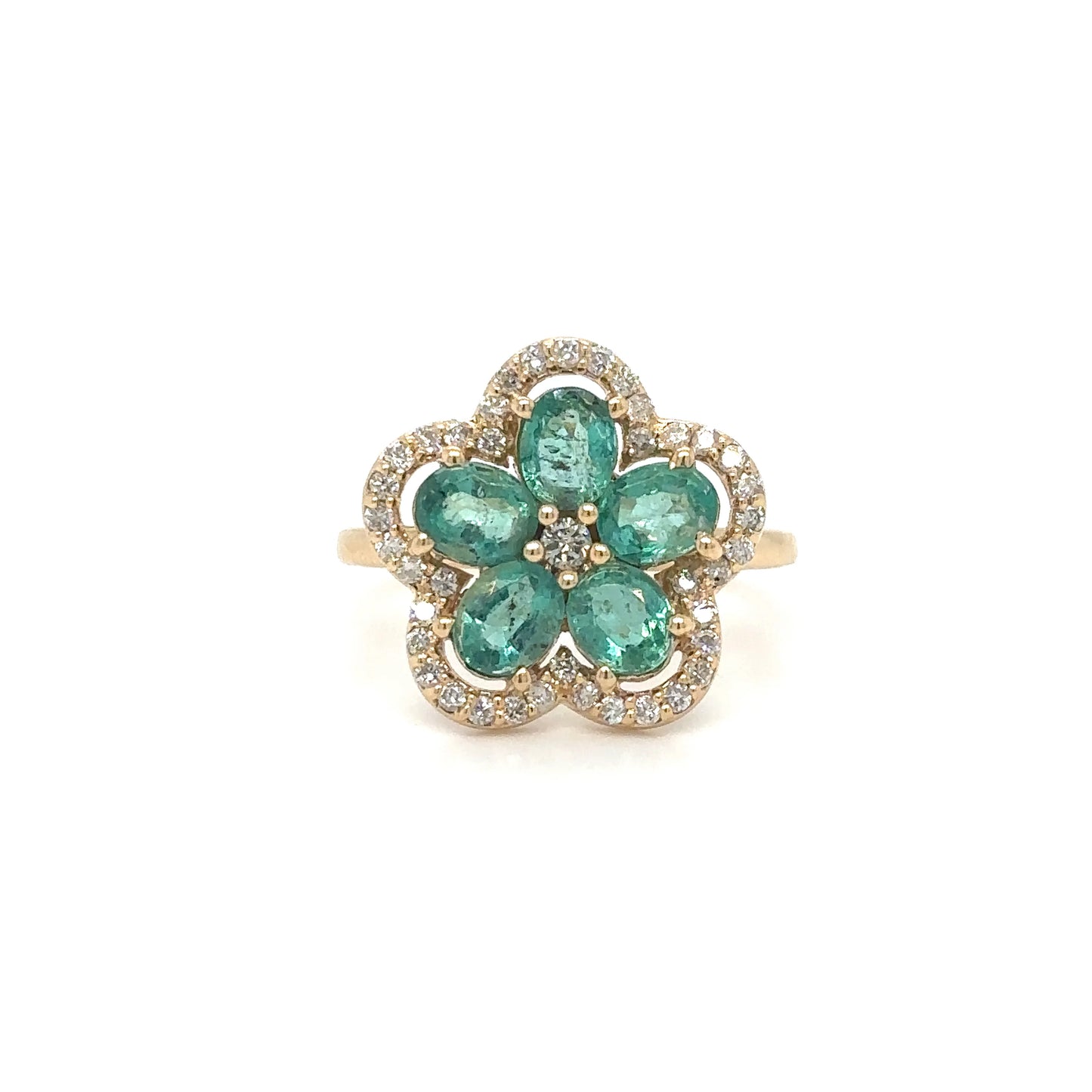 14K YELLOW GOLD FLOWER EMERALD AND DIAMOND RING