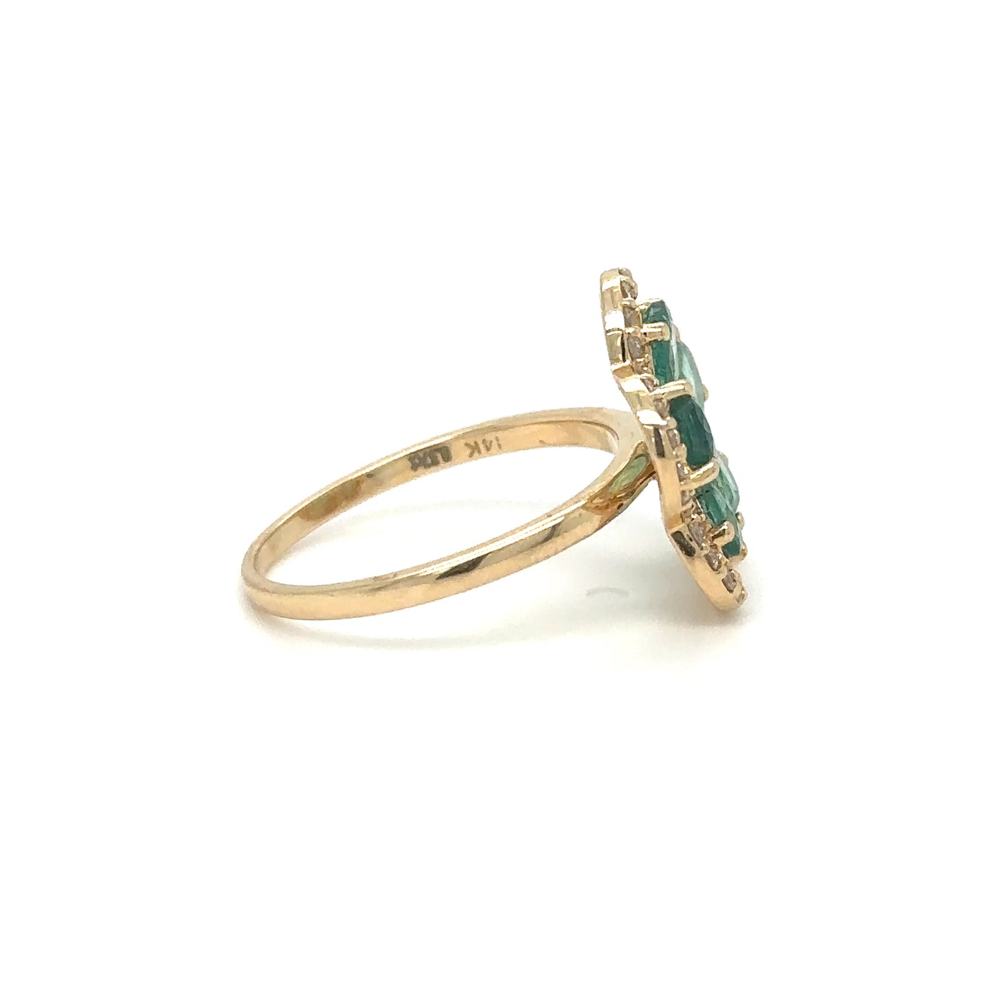 14K YELLOW GOLD FLOWER EMERALD AND DIAMOND RING