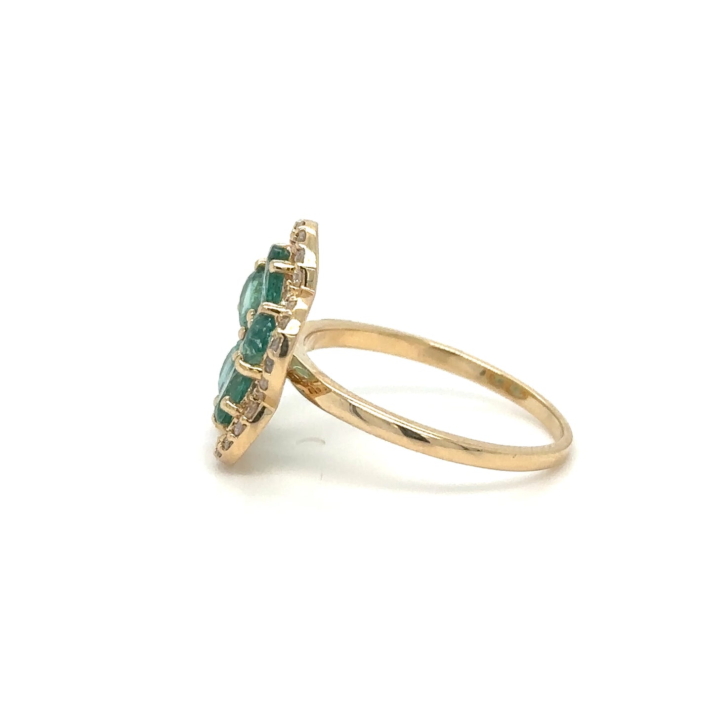 14K YELLOW GOLD FLOWER EMERALD AND DIAMOND RING