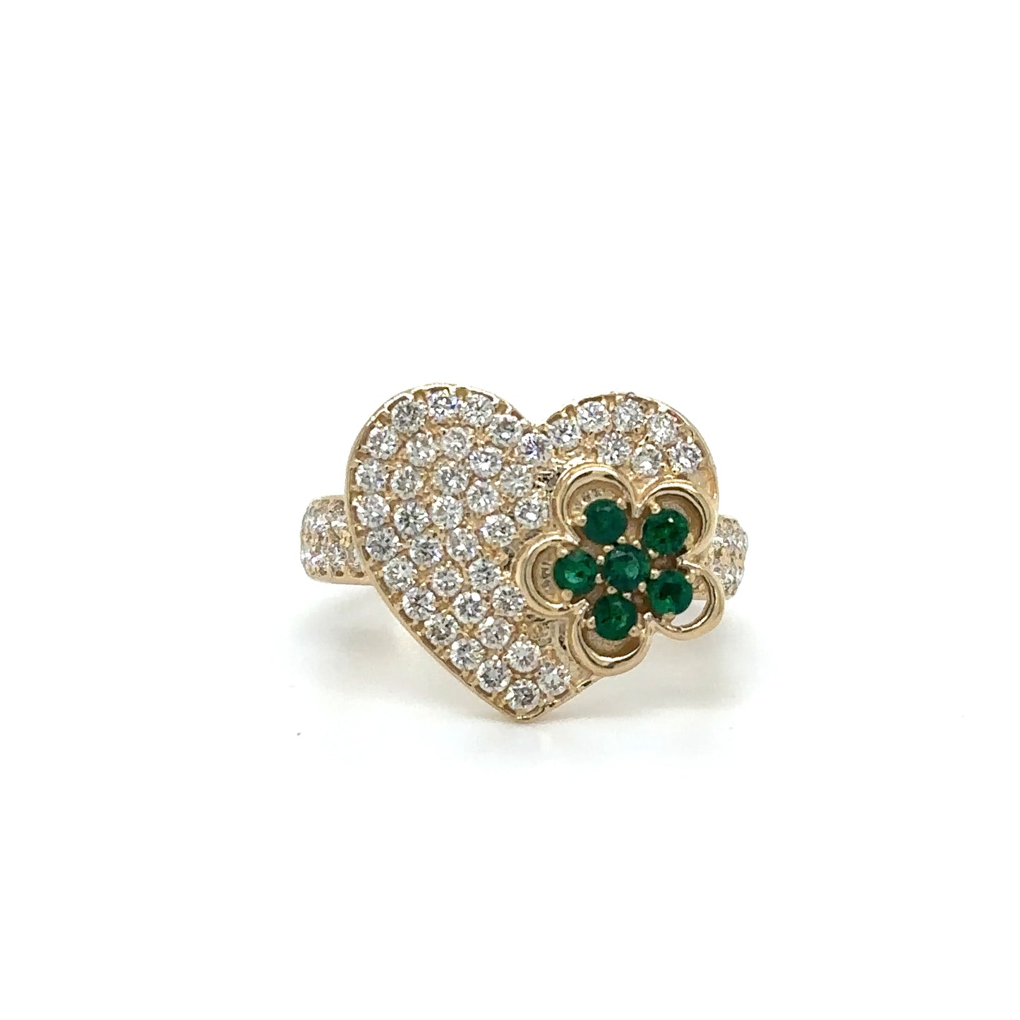 YELLOW GOLD HEART RING WITH EMERALD AND DIAMONDS