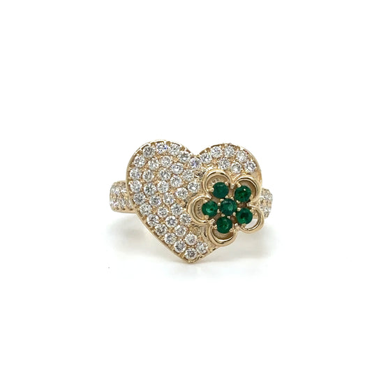 YELLOW GOLD HEART RING WITH EMERALD AND DIAMONDS