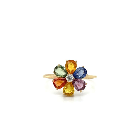 14KT MULTI SAPPHIRE FLOWER RING WITH DIAMONDS