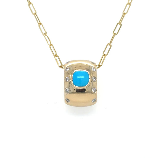 14KT YELLOW GOLD TURQUOISE AND DIAMONDS PENDANT