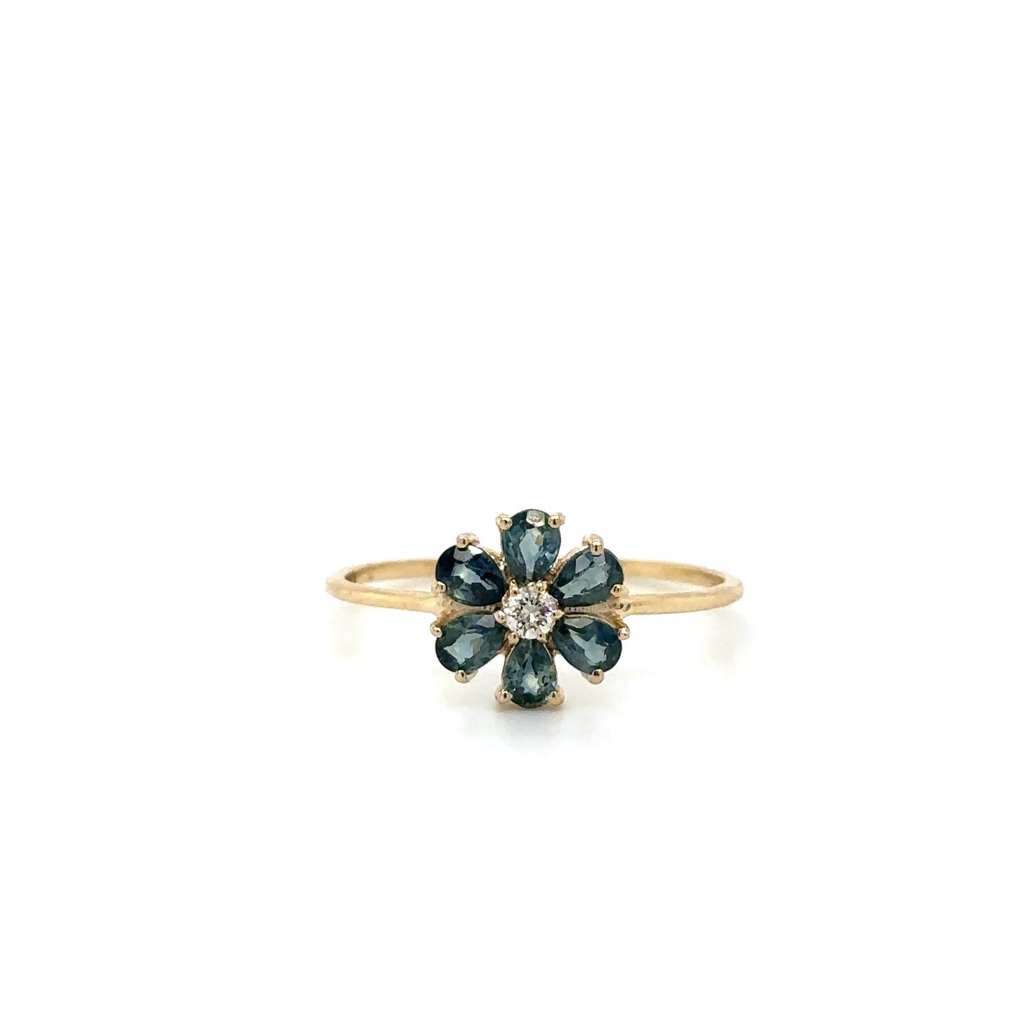 14KT FLOWER RING WITH SAPPHIRE AND DIAMONDS
