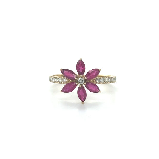 14KT YELLOW GOLD STAR RING WITH RUBY AND DIAMOND