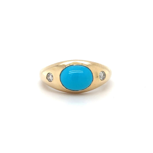 14KT YELLOW GOLD TURQUOISE AND DIAMONDS RING