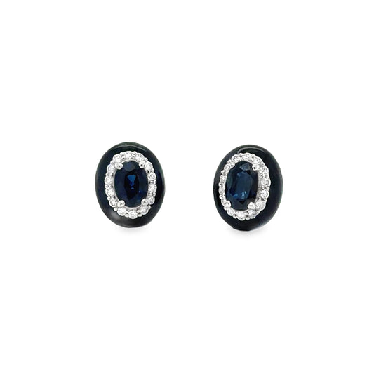 18KT WHITE GOLD BLUE SAPPHIRE AND DIAMONDS BLACK ENAMEL EARRINGS