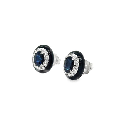 18KT WHITE GOLD BLUE SAPPHIRE AND DIAMONDS BLACK ENAMEL EARRINGS