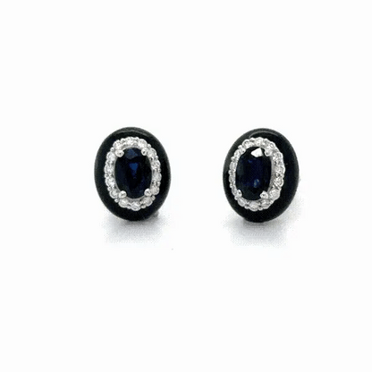 18KT WHITE GOLD BLUE SAPPHIRE AND DIAMONDS BLACK ENAMEL EARRINGS