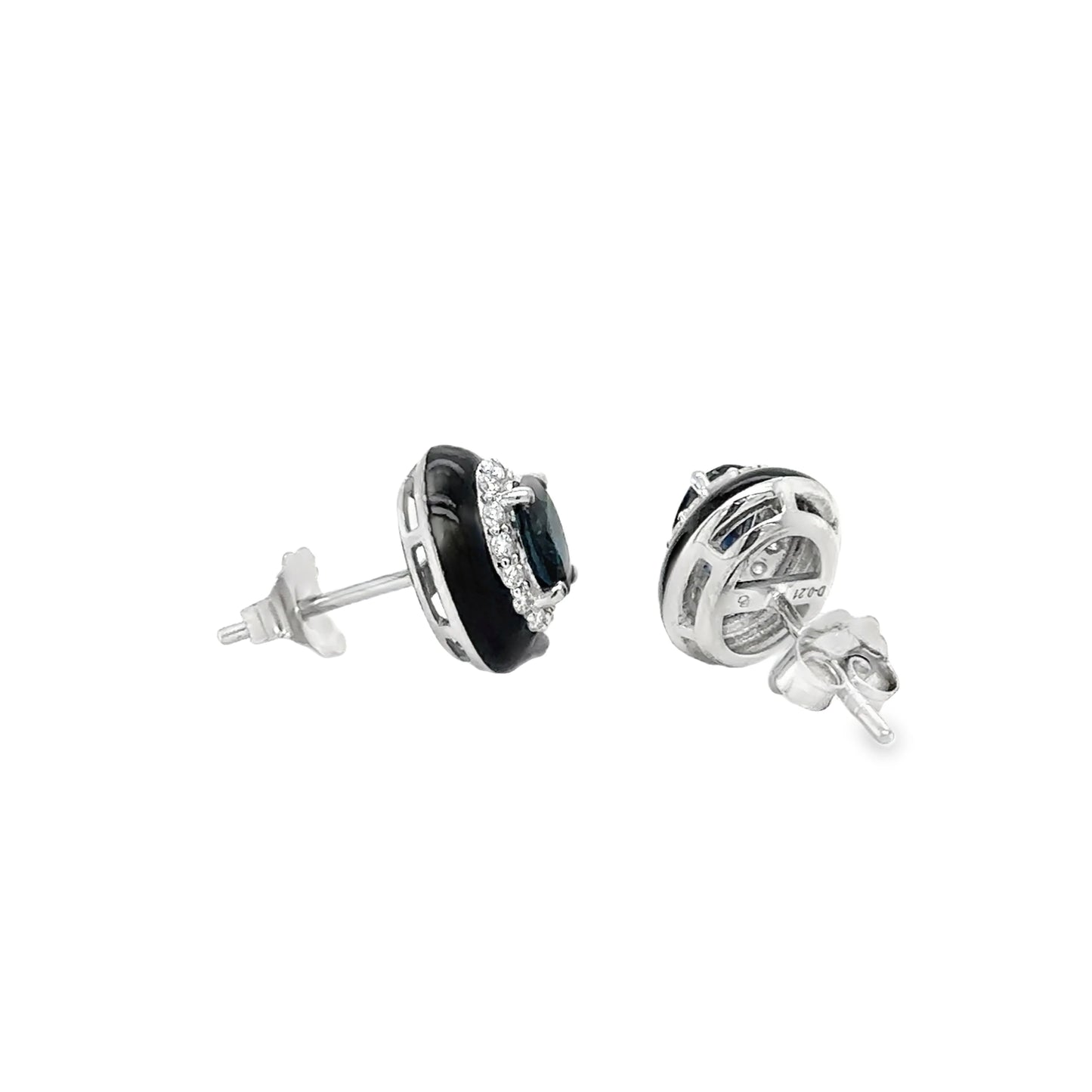 18KT WHITE GOLD BLUE SAPPHIRE AND DIAMONDS BLACK ENAMEL EARRINGS