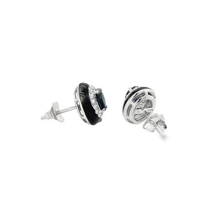 18KT WHITE GOLD BLUE SAPPHIRE AND DIAMONDS BLACK ENAMEL EARRINGS