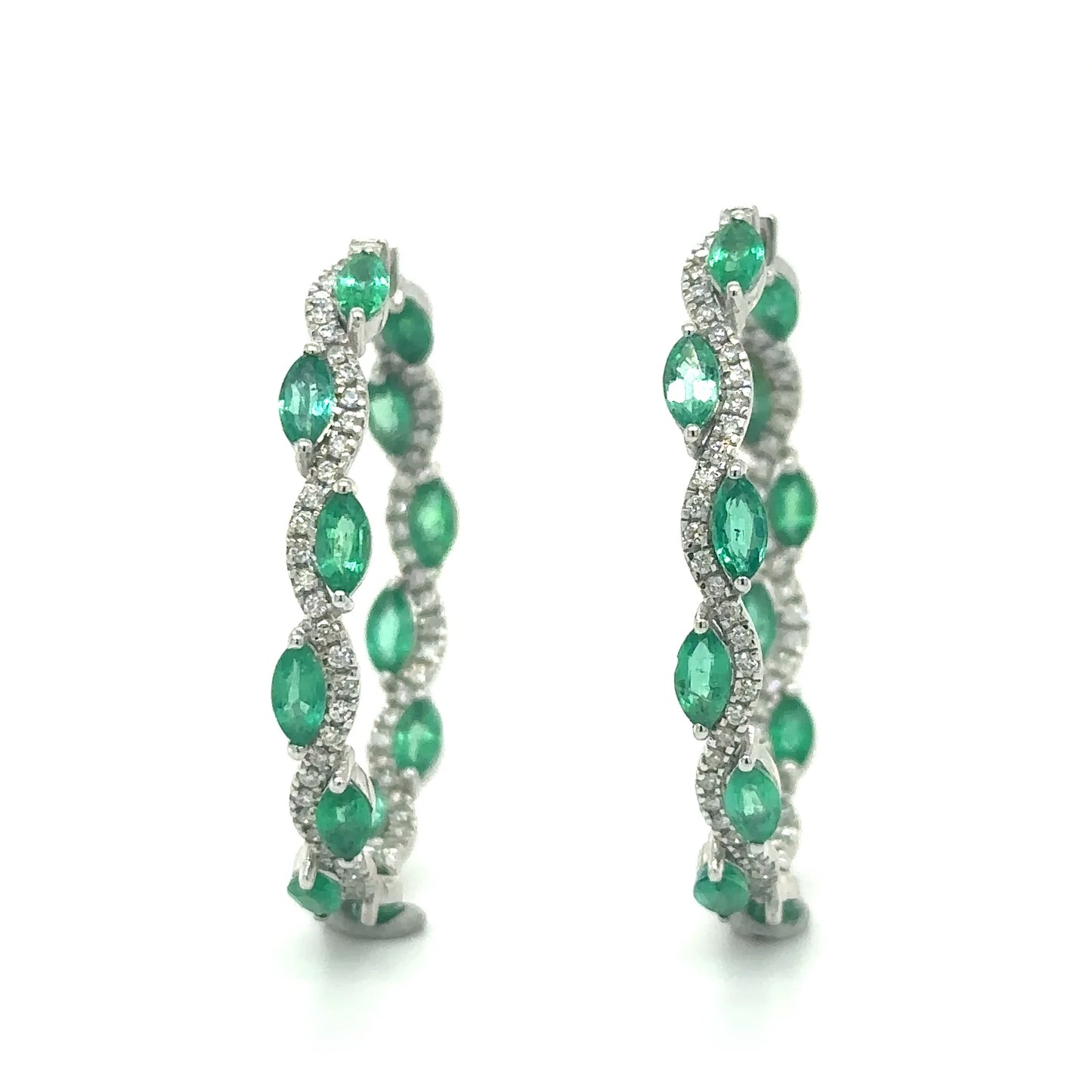 18K WHITE GOLD EMERALD AND DIAMOND HOOP EARRING