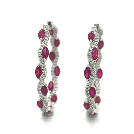 18K WHITE GOLD RUBY AND DIAMOND HOOP EARRING