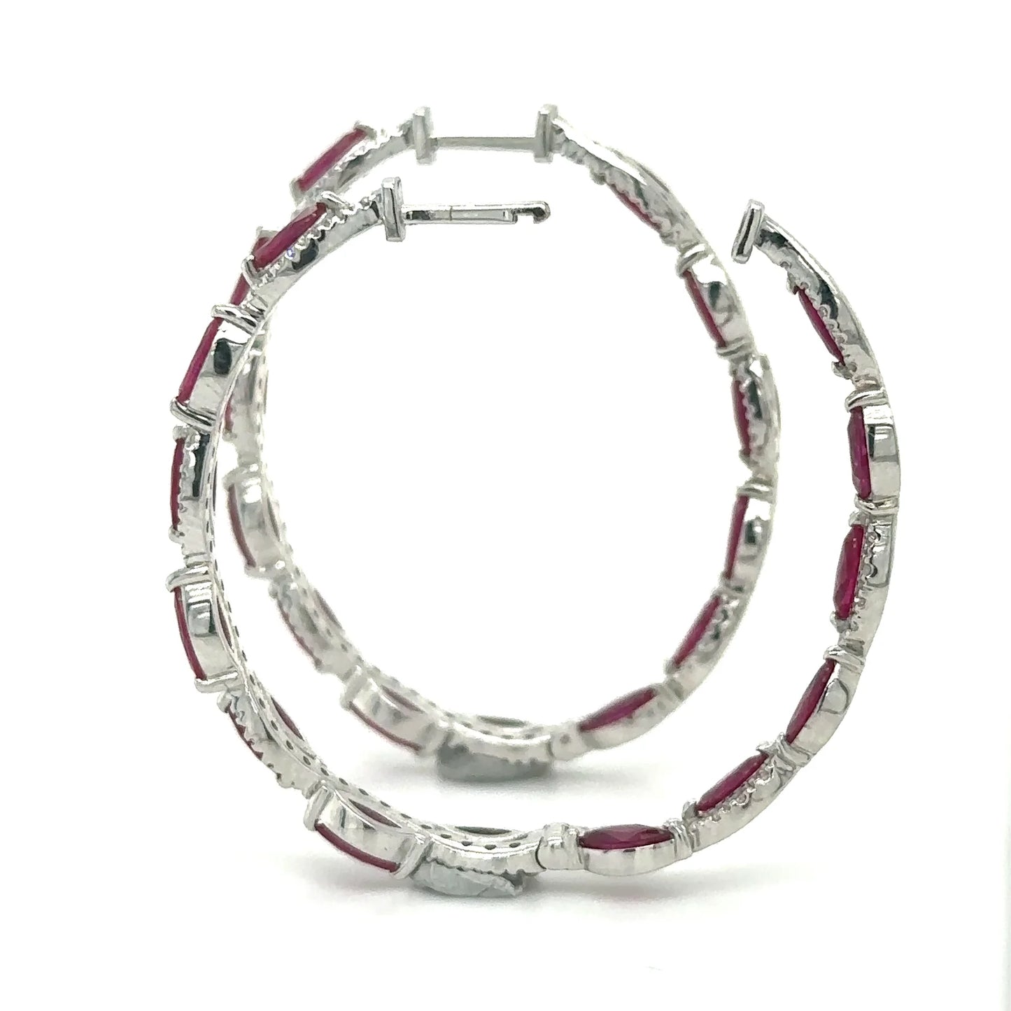 18K WHITE GOLD RUBY AND DIAMOND HOOP EARRING