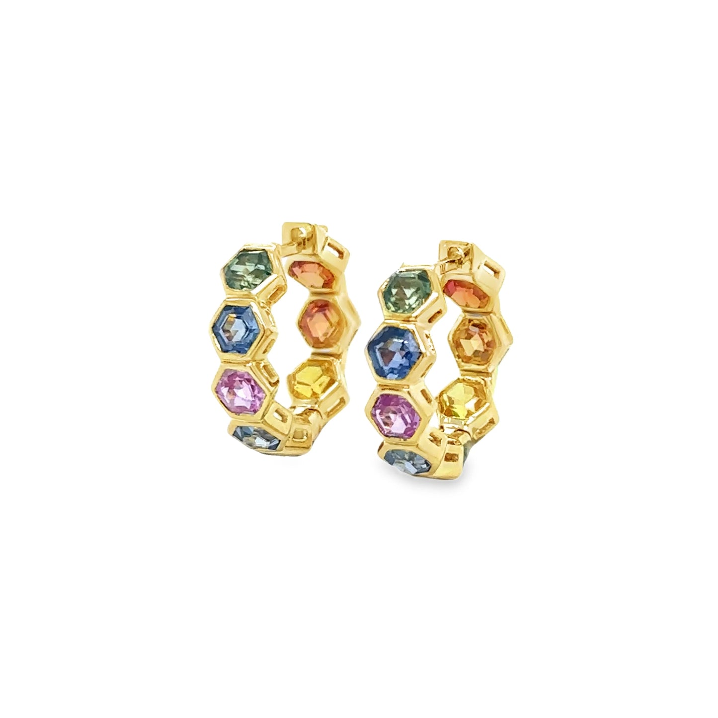 14KT YELLOW GOLD MULTI SAPPHIRE HOOP EARRING