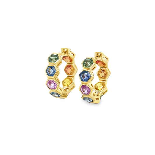 14KT YELLOW GOLD MULTI SAPPHIRE HOOP EARRING