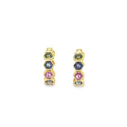 14KT YELLOW GOLD MULTI SAPPHIRE HOOP EARRING