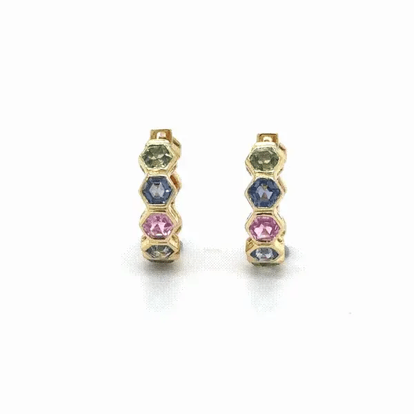 14KT YELLOW GOLD MULTI SAPPHIRE HOOP EARRING