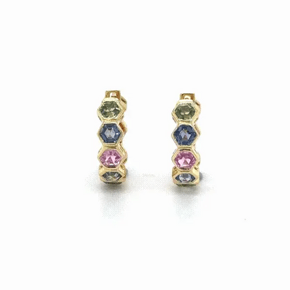 14KT YELLOW GOLD MULTI SAPPHIRE HOOP EARRING