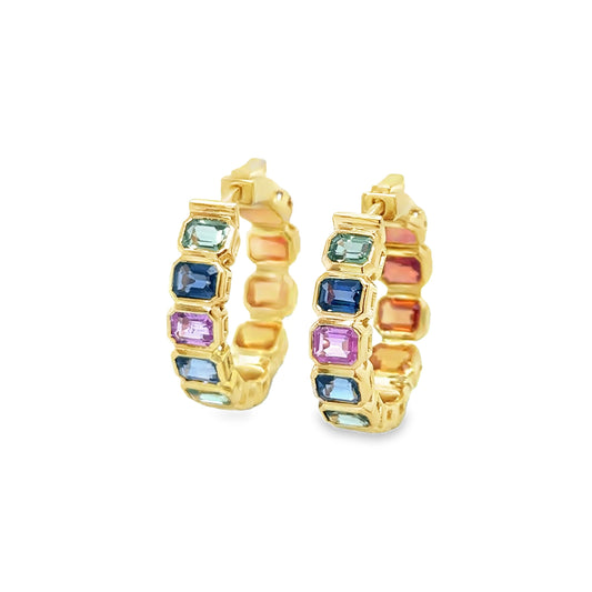 14KT YELLOW GOLD MULTI SAPPHIRE HOOP EARRING
