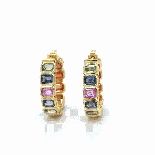 14KT YELLOW GOLD MULTI SAPPHIRE HOOP EARRING
