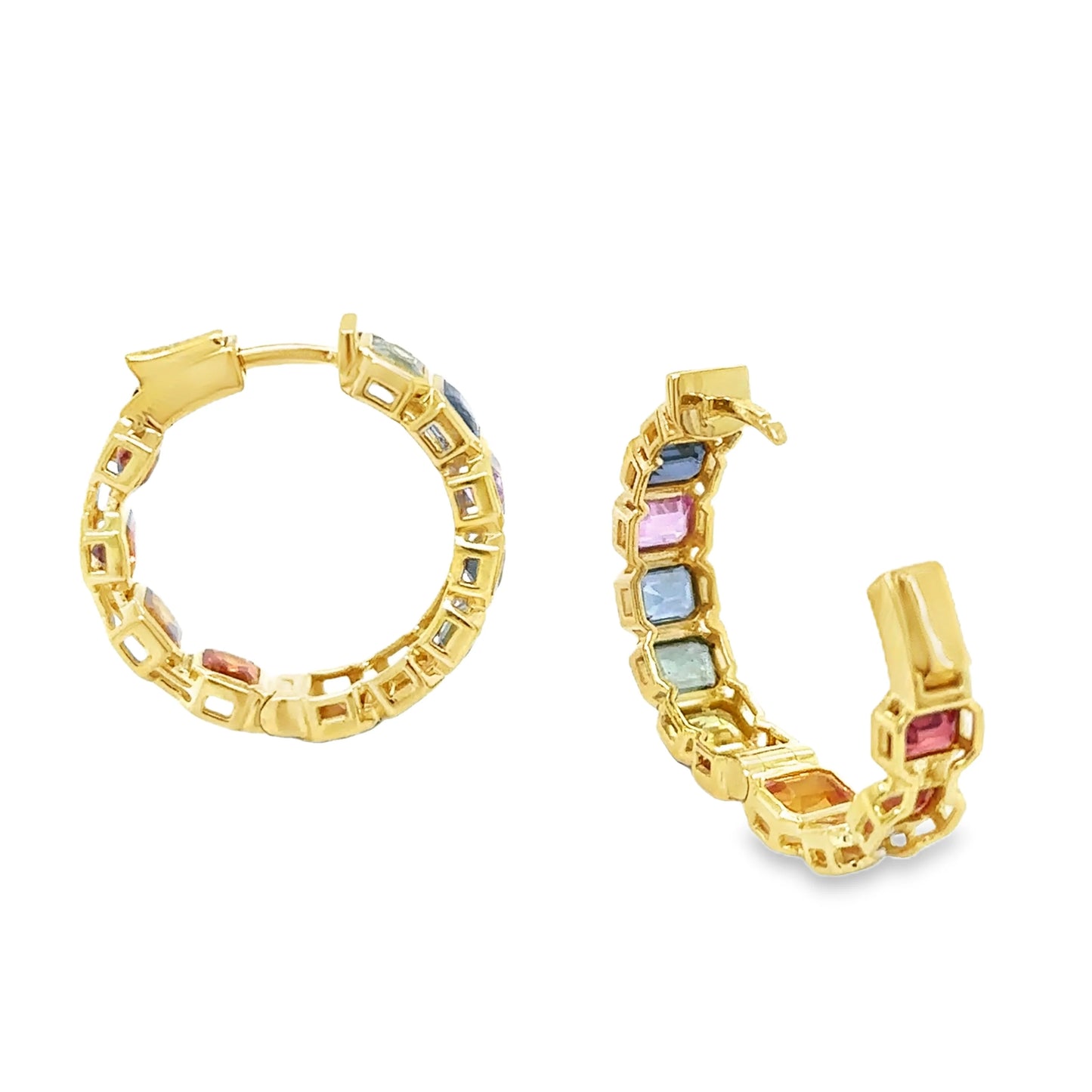 14KT YELLOW GOLD MULTI SAPPHIRE HOOP EARRING