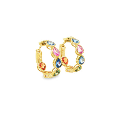 14KT YELLOW GOLD MULTI SAPPHIRE PEAR HOOP EARRING (20 MM)