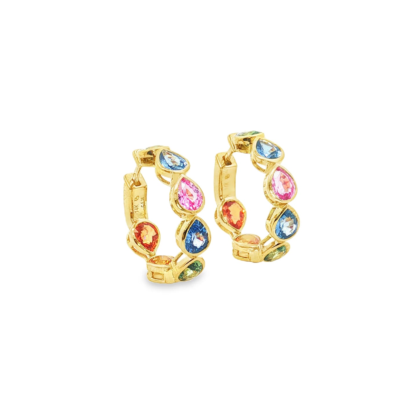 14KT YELLOW GOLD MULTI SAPPHIRE PEAR HOOP EARRING (20 MM)