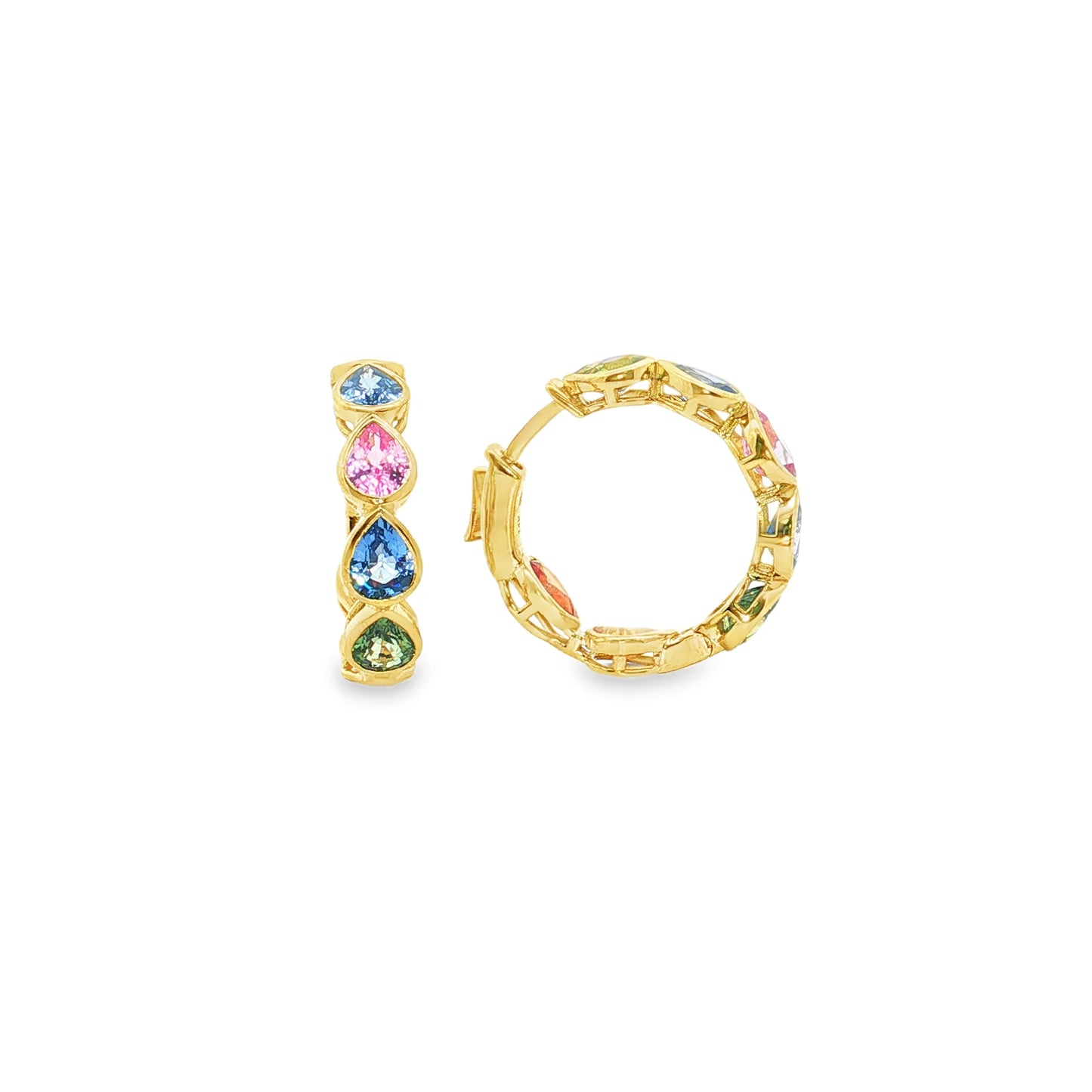 14KT YELLOW GOLD MULTI SAPPHIRE PEAR HOOP EARRING (20 MM)
