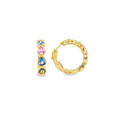 14KT YELLOW GOLD MULTI SAPPHIRE PEAR HOOP EARRING (20 MM)