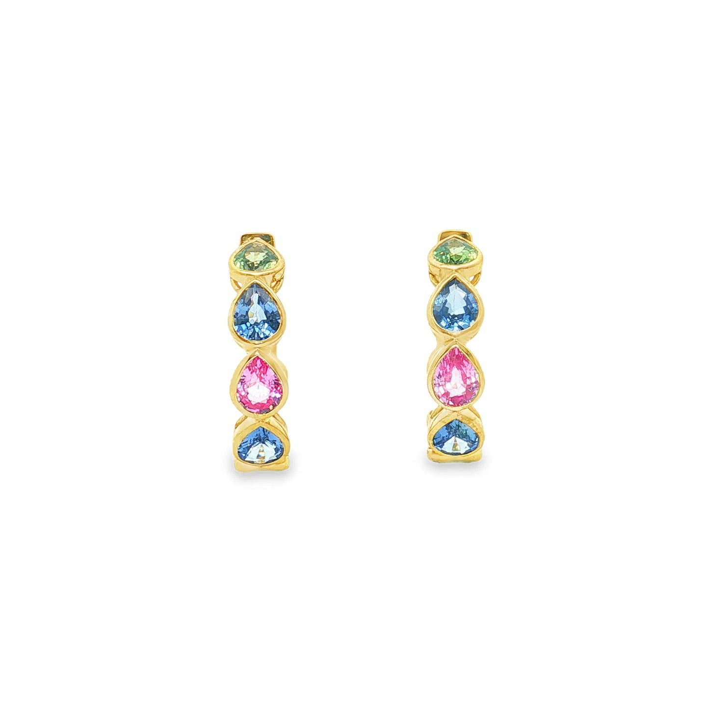 14KT YELLOW GOLD MULTI SAPPHIRE PEAR HOOP EARRING (20 MM)