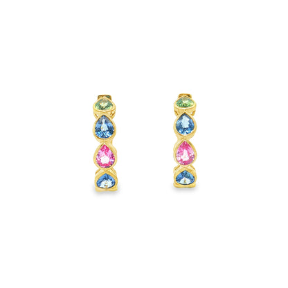 14KT YELLOW GOLD MULTI SAPPHIRE PEAR HOOP EARRING (20 MM)