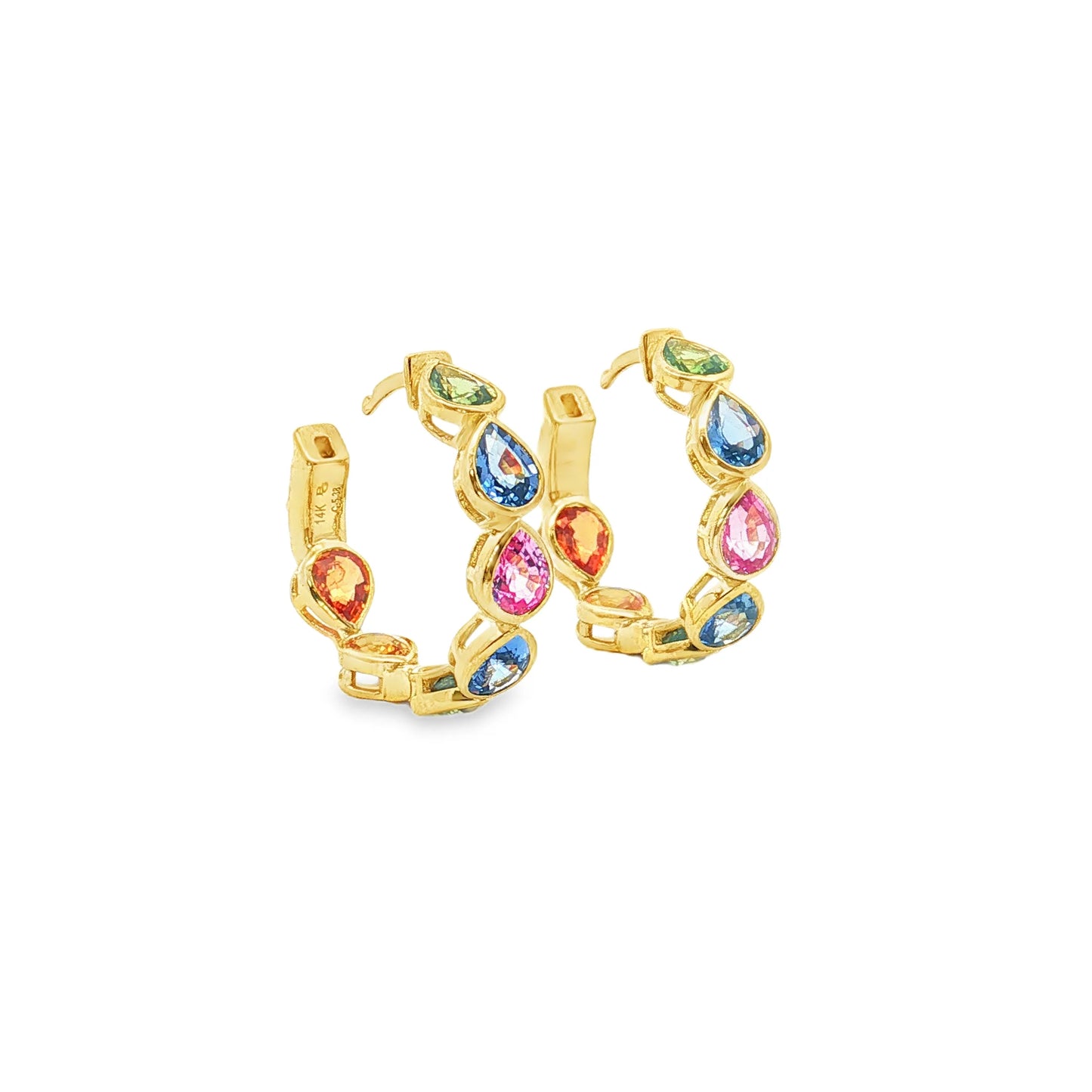 14KT YELLOW GOLD MULTI SAPPHIRE PEAR HOOP EARRING (20 MM)