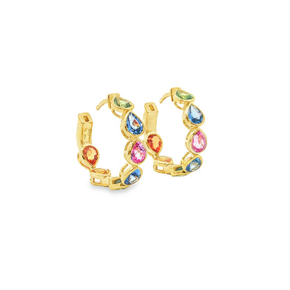 14KT YELLOW GOLD MULTI SAPPHIRE PEAR HOOP EARRING (20 MM)
