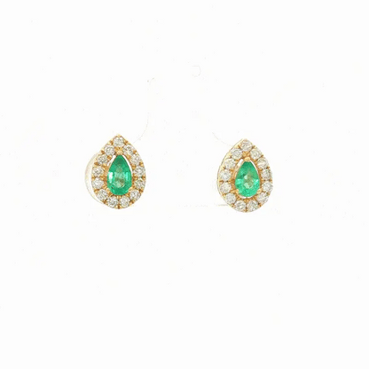 14KT YELLOW GOLD EMERALD AND DIAMONDS PEAR SHAPE EARRINGS