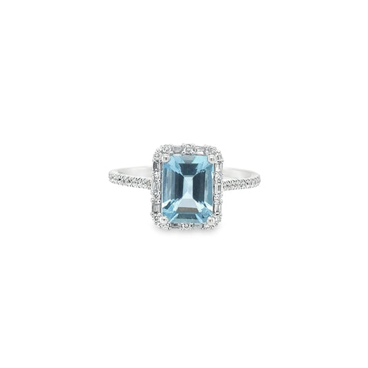 14KT WHITE GOLD AQUAMARINE RING WITH DIAMONDS