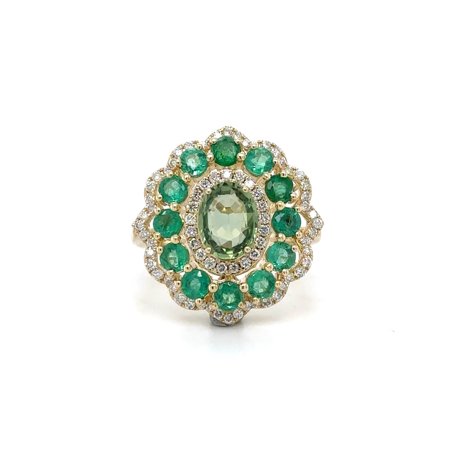 14KT YELLOW GOLD EMERALD, SAPPHIRE AND DIAMOND RING