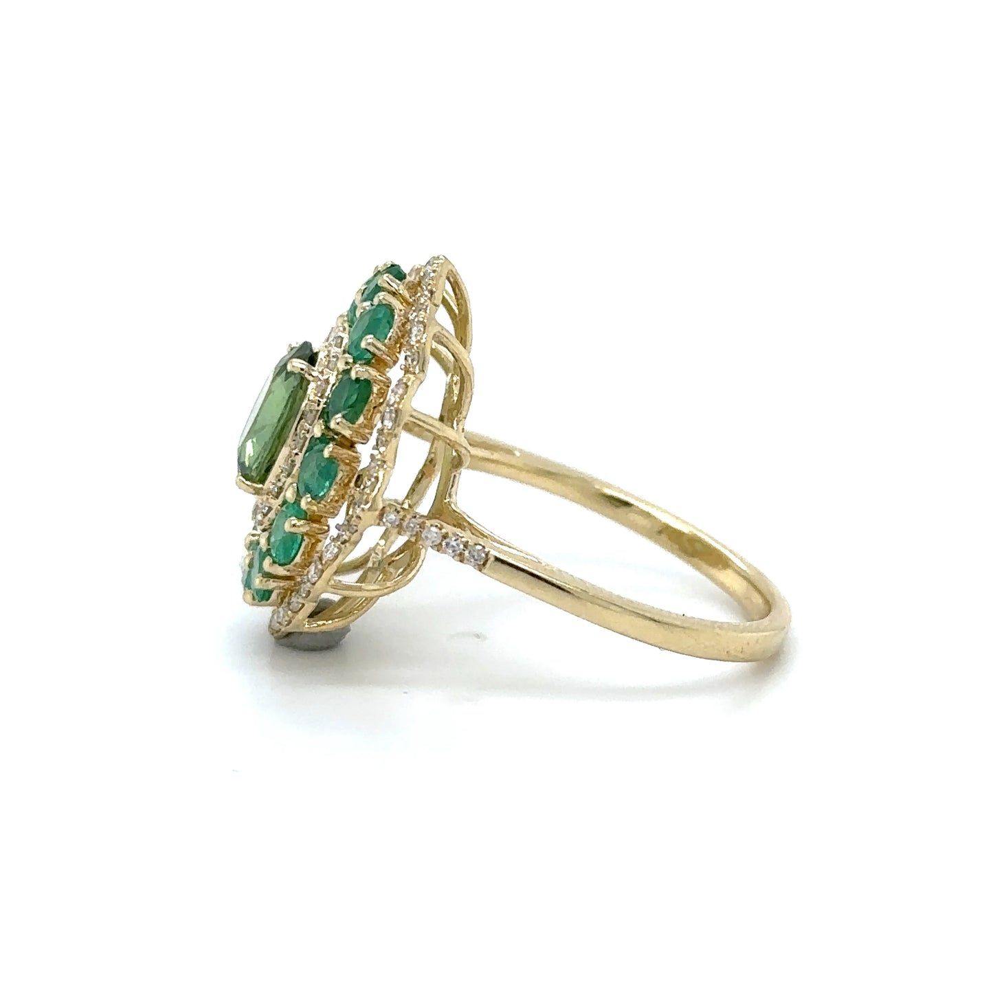 14KT YELLOW GOLD EMERALD, SAPPHIRE AND DIAMOND RING