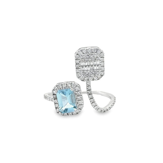 14KT WHITE GOLD AQUAMARINE RING WITH DIAMONDS