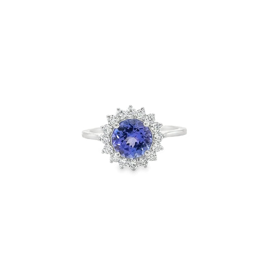 14KT WHITE GOLD TANZANITE ROUND RING WITH DIAMONDS