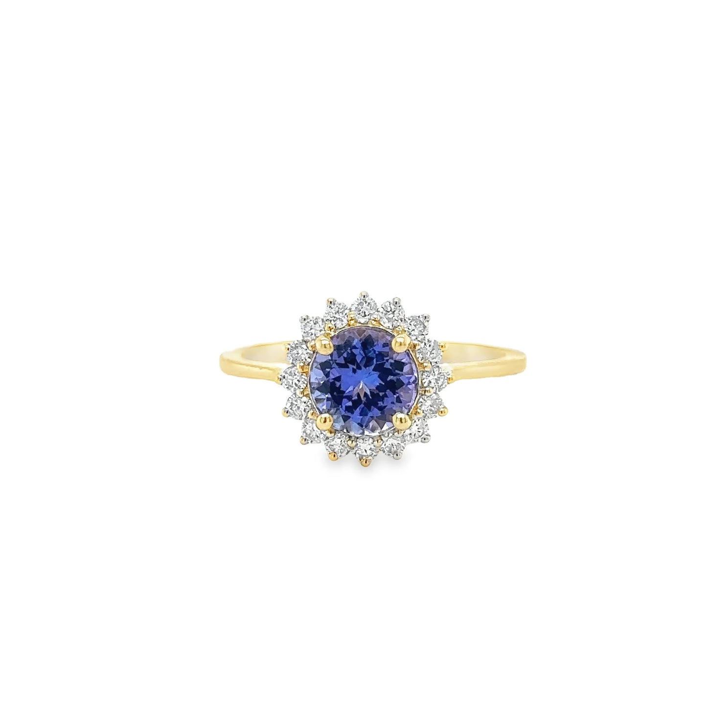 14KT YELLOW GOLD TANZANITE ROUND RING WITH DIAMONDS