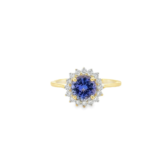 14KT YELLOW GOLD TANZANITE ROUND RING WITH DIAMONDS
