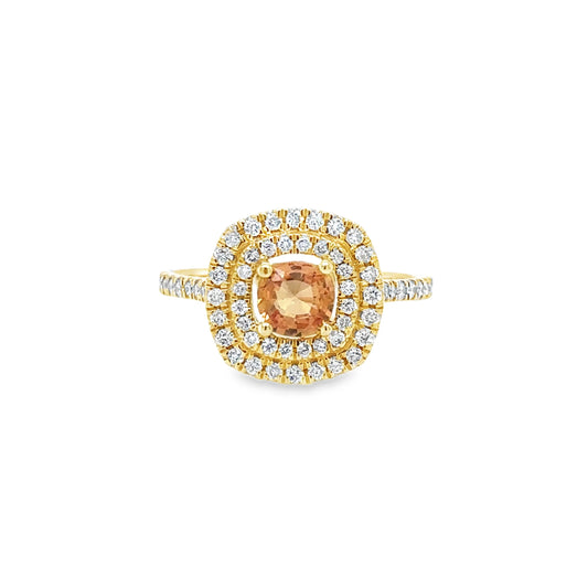 14KT GOLD DIAMOND & ORANGE SAPPHIRE CUSHION SHAPE RING