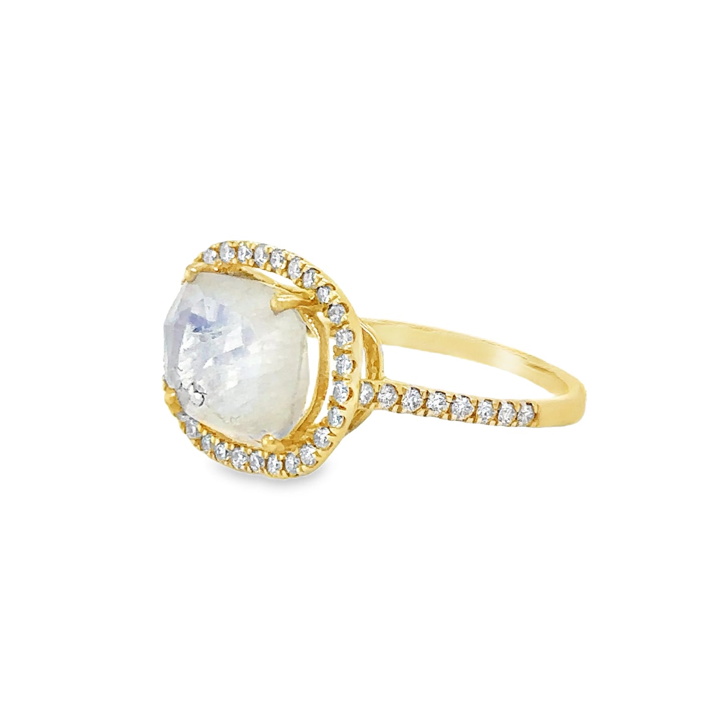 YELLOW GOLD RAINBOW MOON STONE RING WITH DIAMONDS