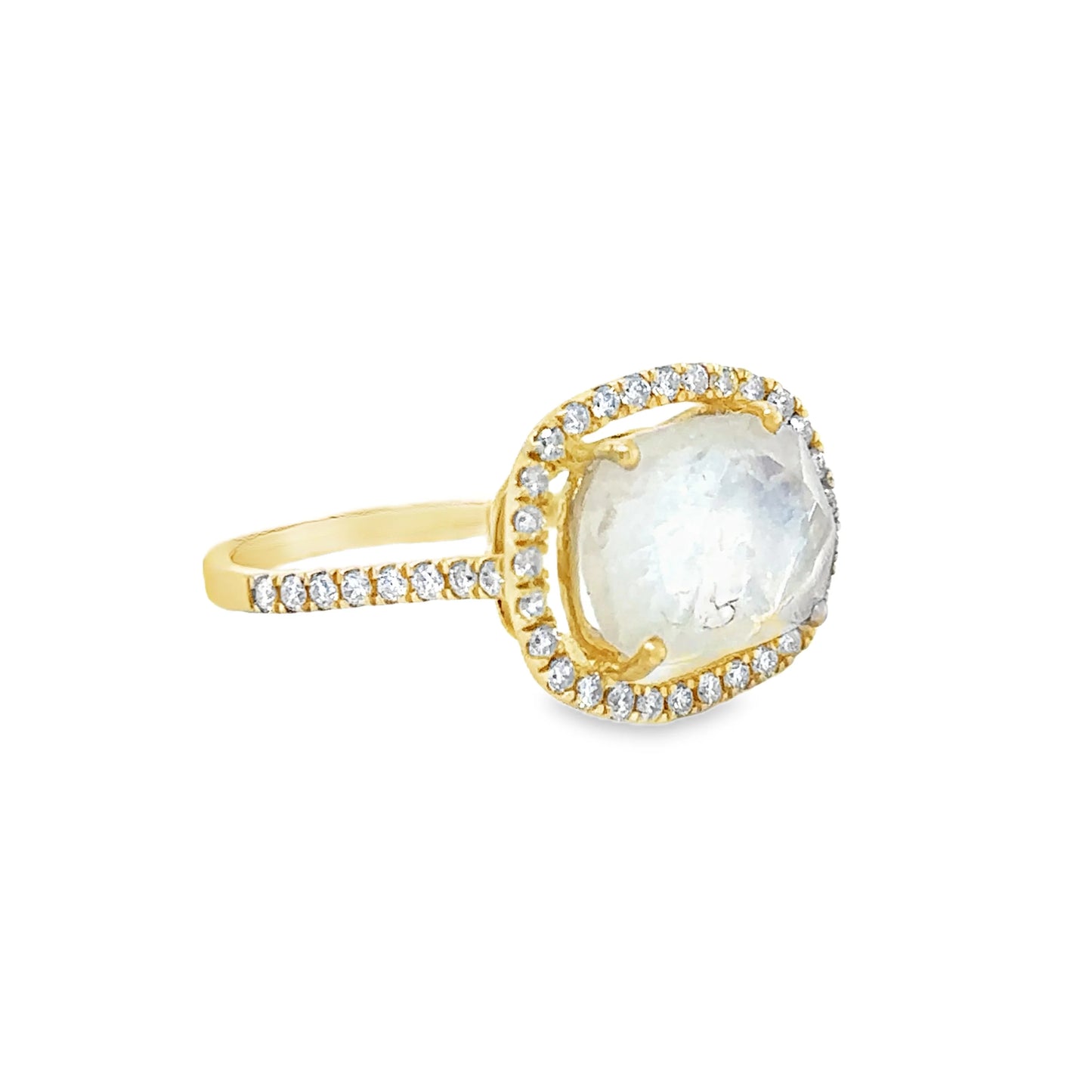 YELLOW GOLD RAINBOW MOON STONE RING WITH DIAMONDS